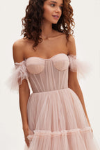 Misty Rose Ruffled Tulle Midi Dress Avalabel