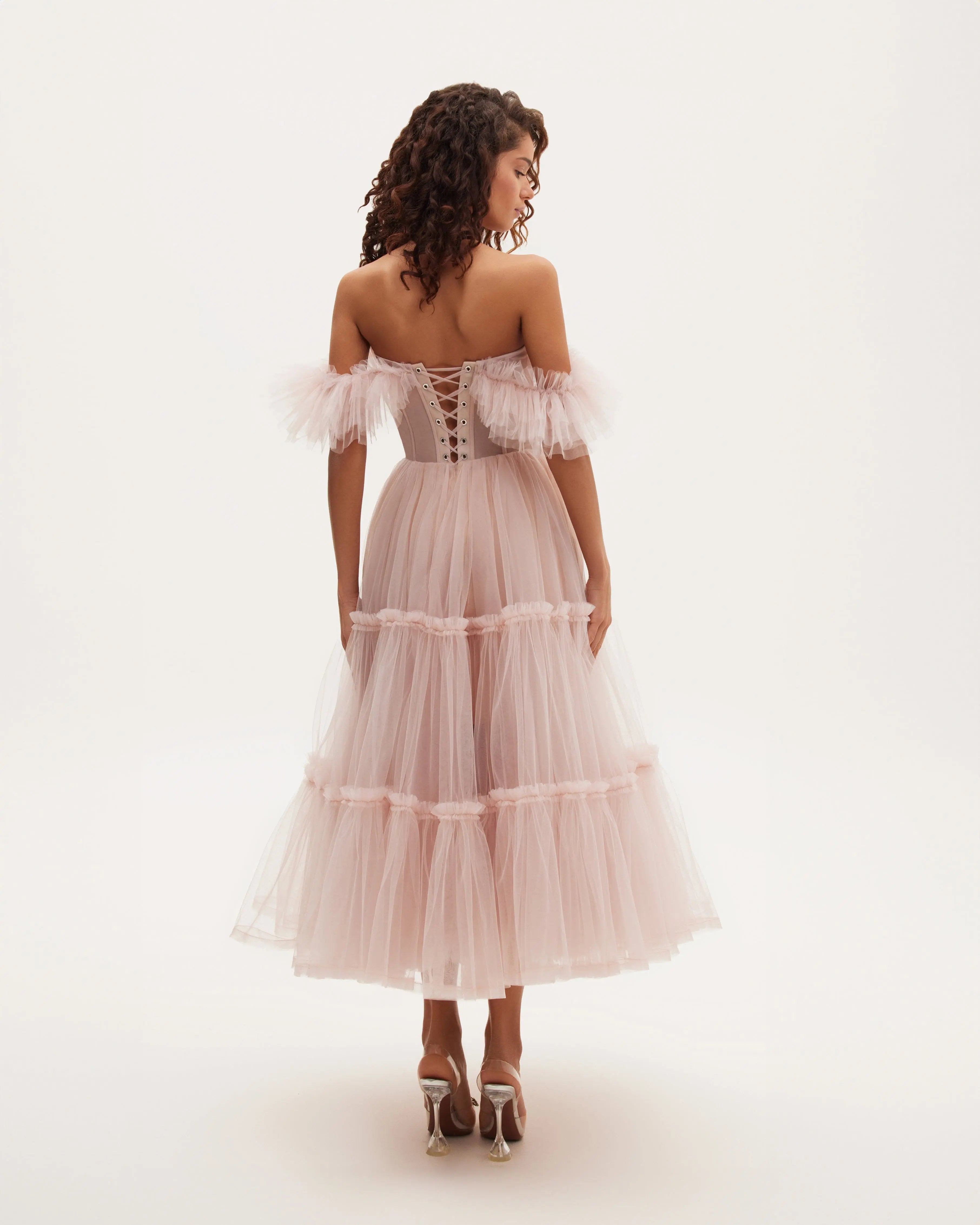 Misty Rose Ruffled Tulle Midi Dress Avalabel
