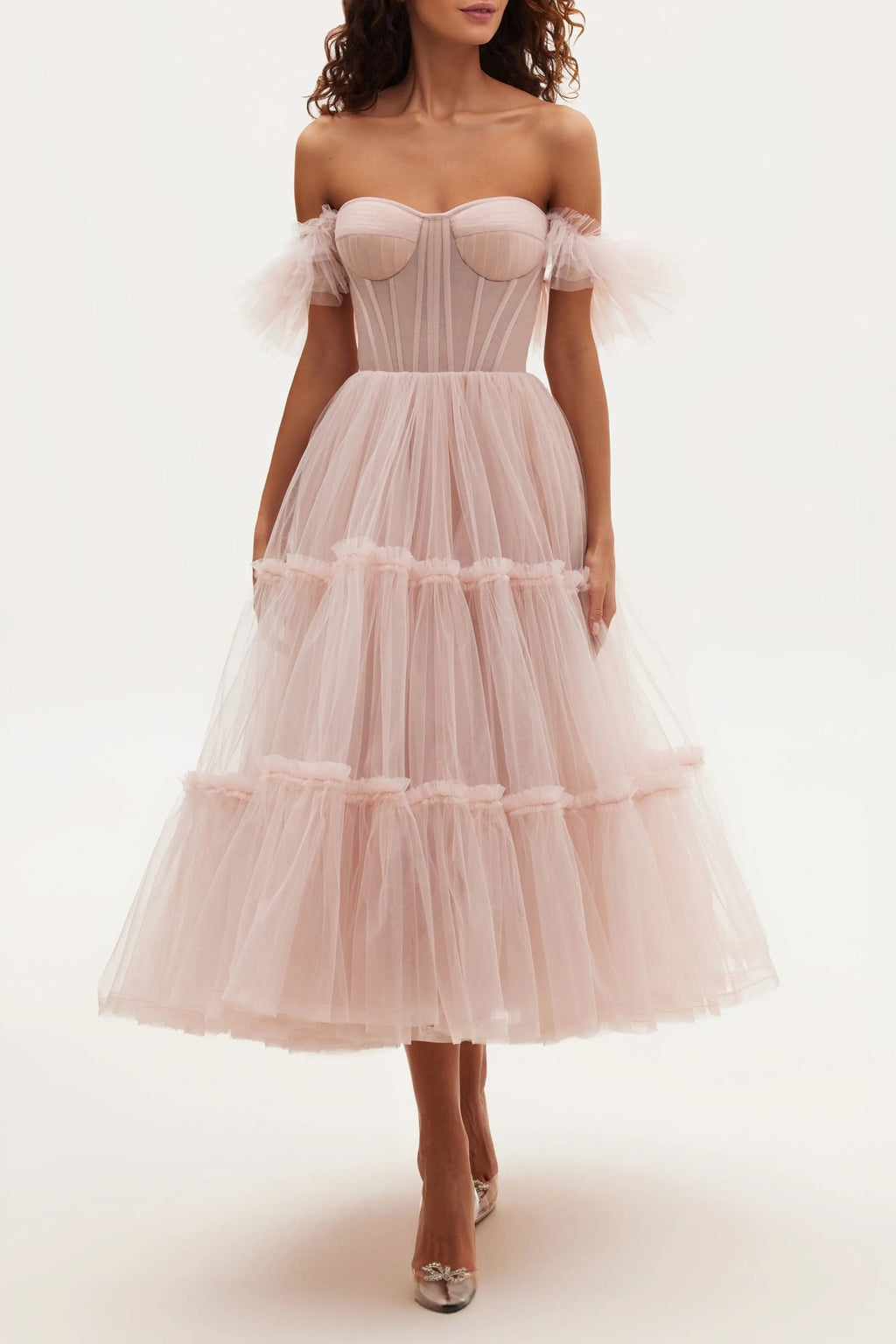 Misty Rose Ruffled Tulle Midi Dress Avalabel
