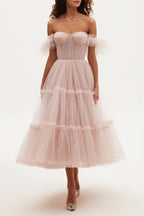 Misty Rose Ruffled Tulle Midi Dress Avalabel