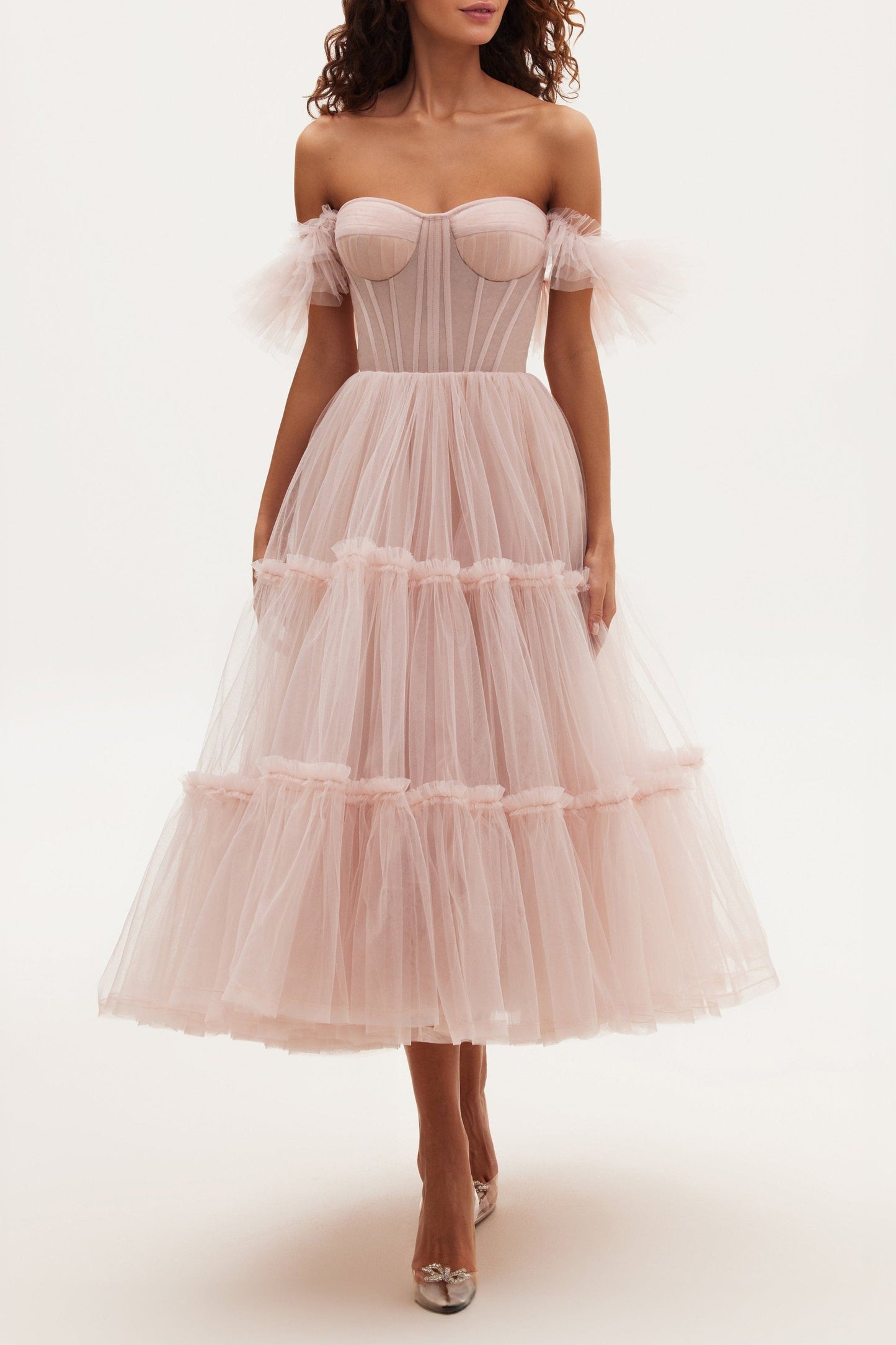 Misty Rose Ruffled Tulle Midi Dress