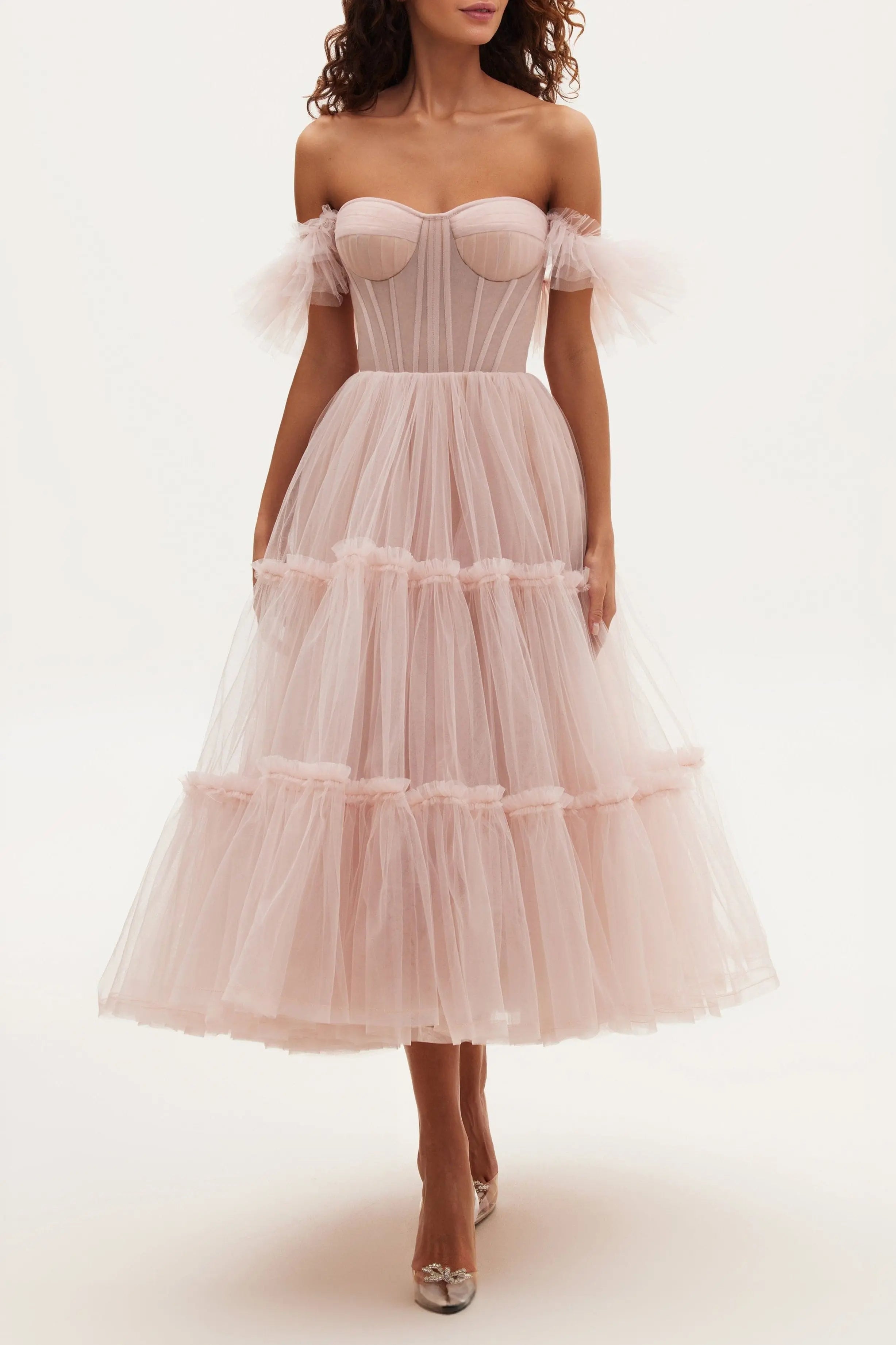 Misty Rose Ruffled Tulle Midi Dress Avalabel