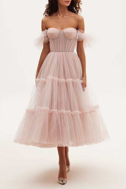 Misty Rose Ruffled Tulle Midi Dress