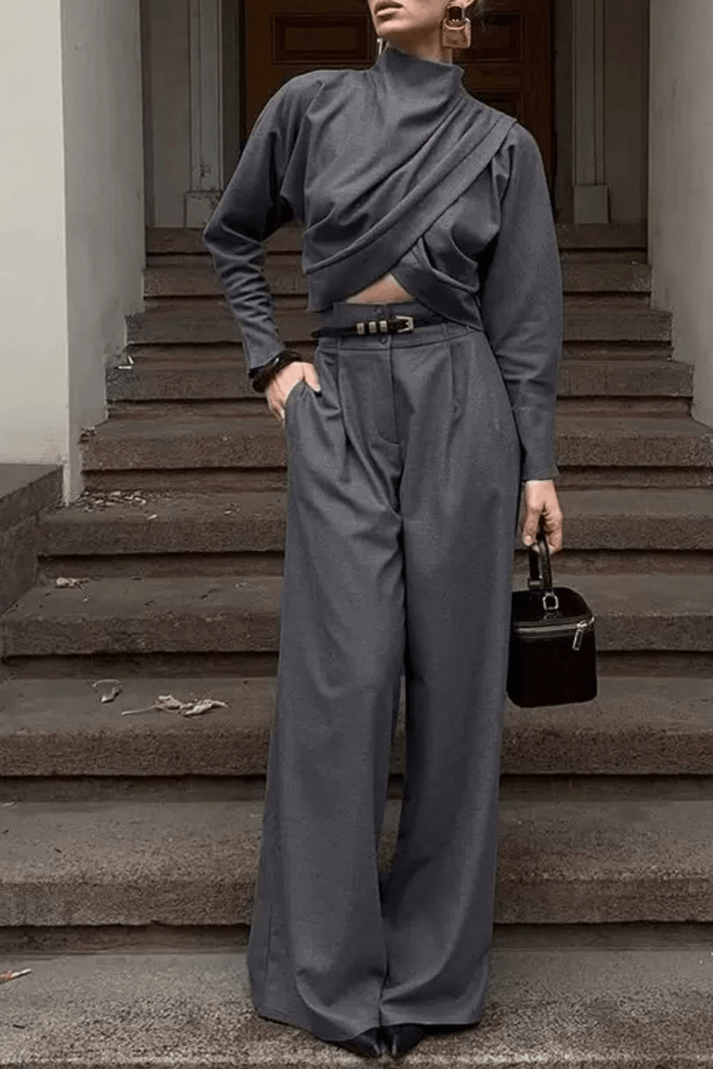 Billie Grey Draped Top Wide Leg Pants Set Avalabel