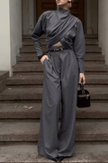 Billie Grey Draped Top Wide Leg Pants Set Avalabel