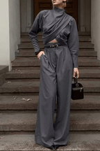 Billie Grey Draped Top Wide Leg Pants Set Avalabel
