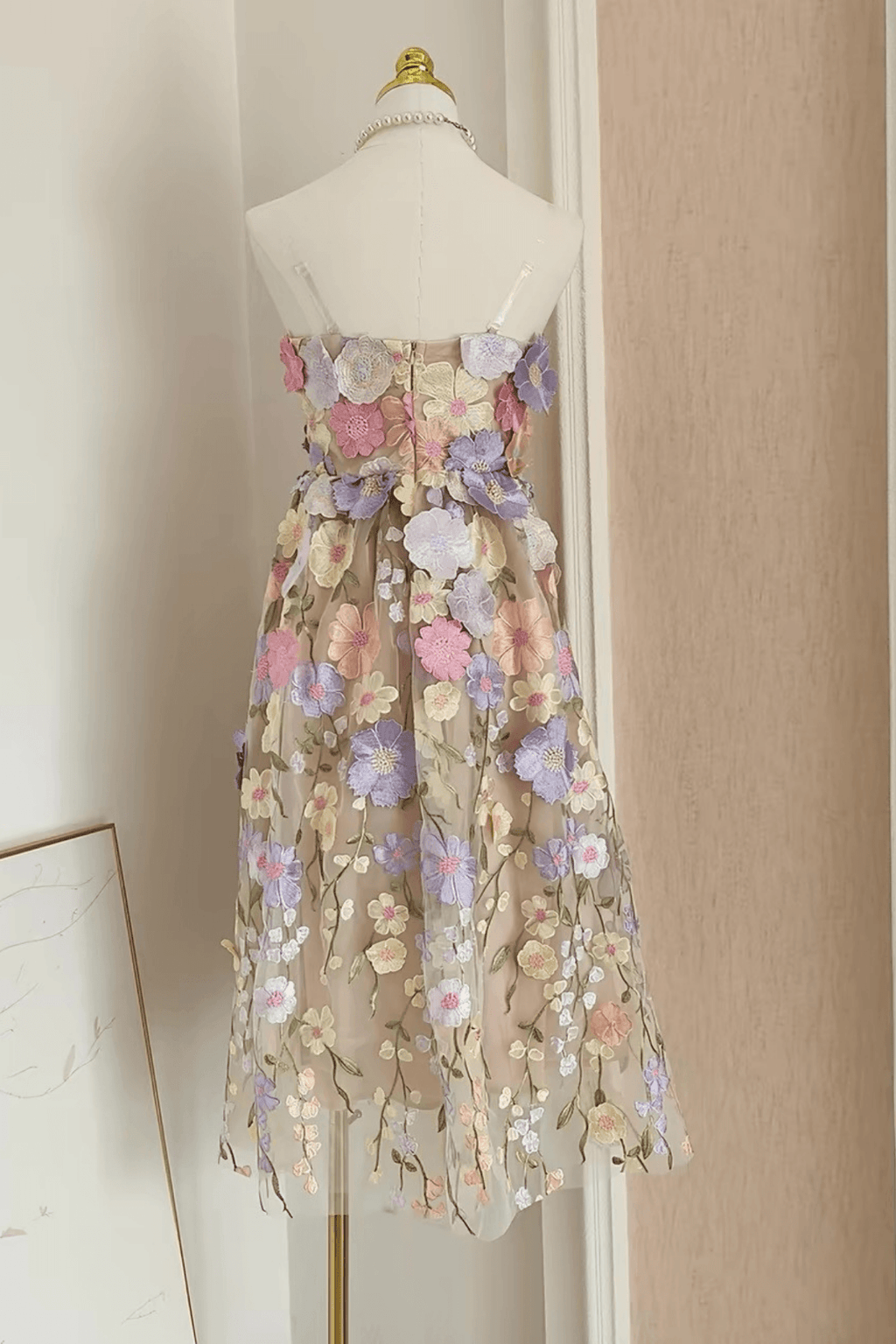 Thea French Style Heavy Craft Strapless Floral Tulle Dress - Avalabel