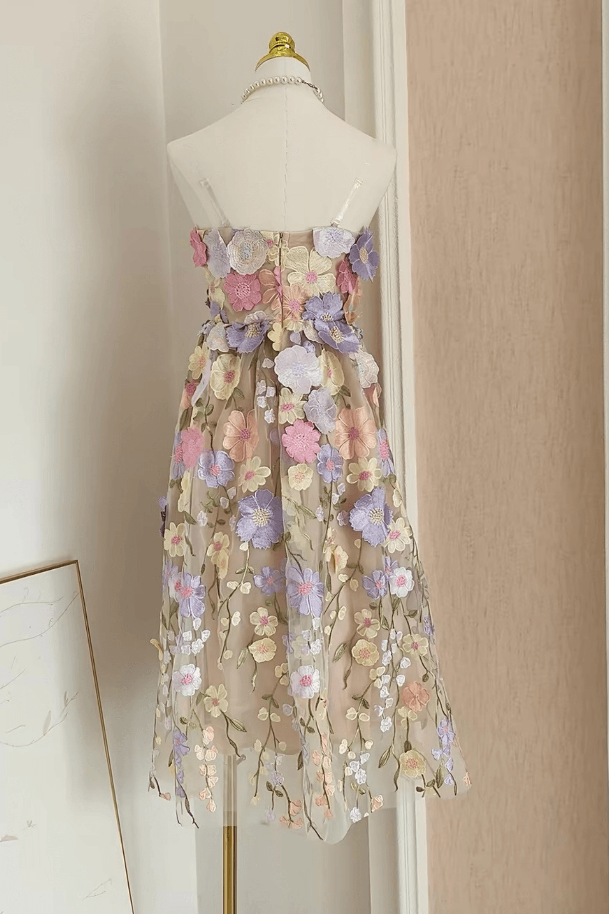 Thea French Style Heavy Craft Strapless Floral Tulle Dress - Avalabel