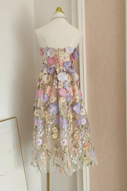 Thea French Style Heavy Craft 3D Floral Strapless Tulle Dress