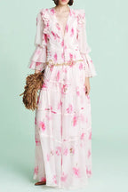 kimberley pink v-neck floral print printed maxi dress Avalabel