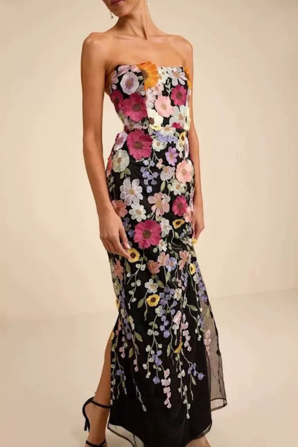 Willa Black Strapless 3D Floral Embroidered Dress Avalabel