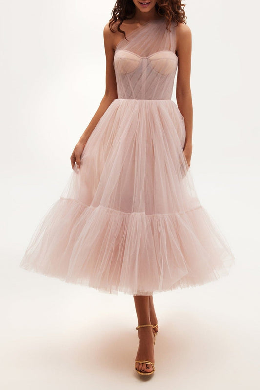 Misty Rose One-Shoulder Cocktail Tulle Dress