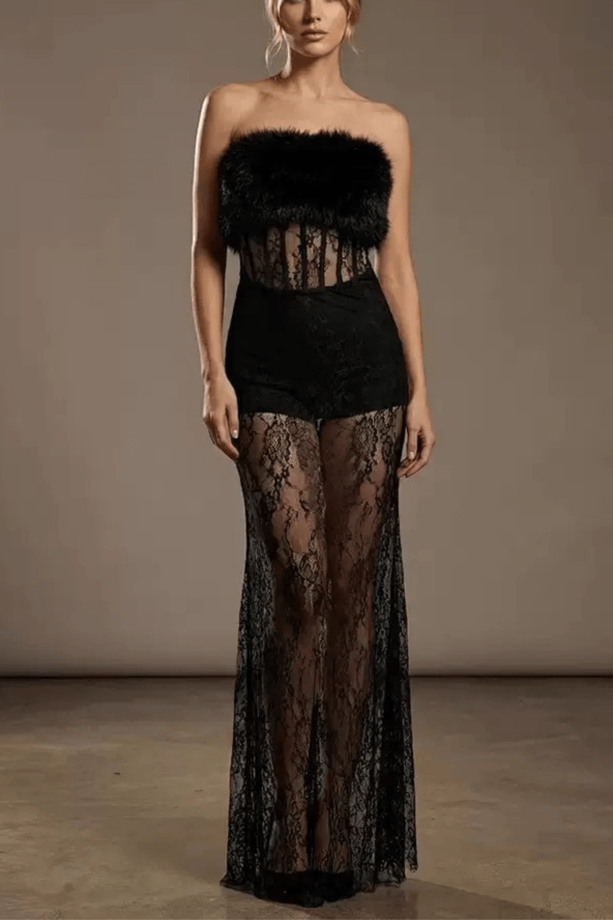 Becky Strapless Furry Corset Lace Max Dress Avalabel