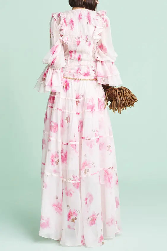 kimberley pink v-neck floral print printed maxi dress Avalabel