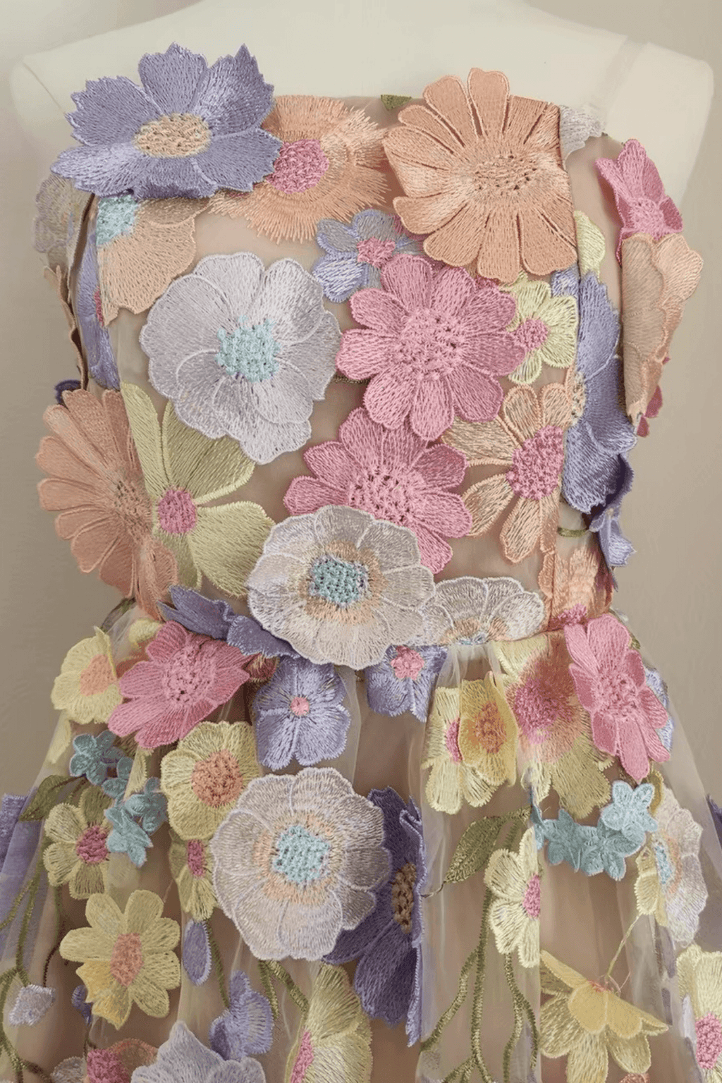 Thea French Style Heavy Craft Strapless Floral Tulle Dress - Avalabel