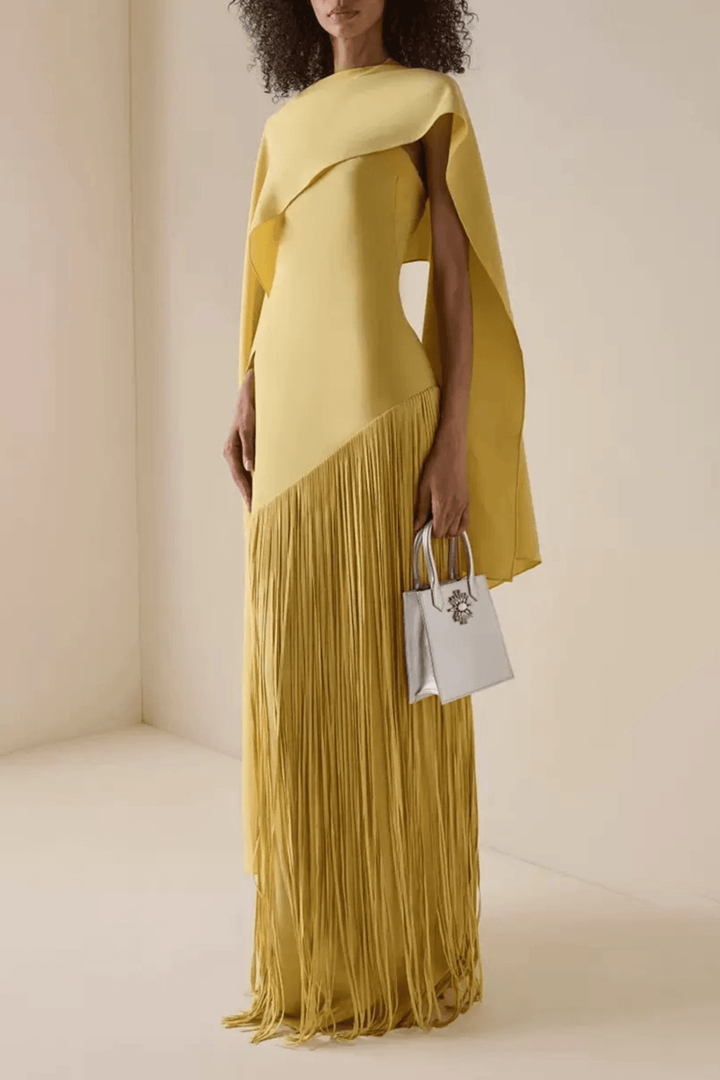 Trista Yellow Cape Fringe Maxi Evening Gown Avalabel