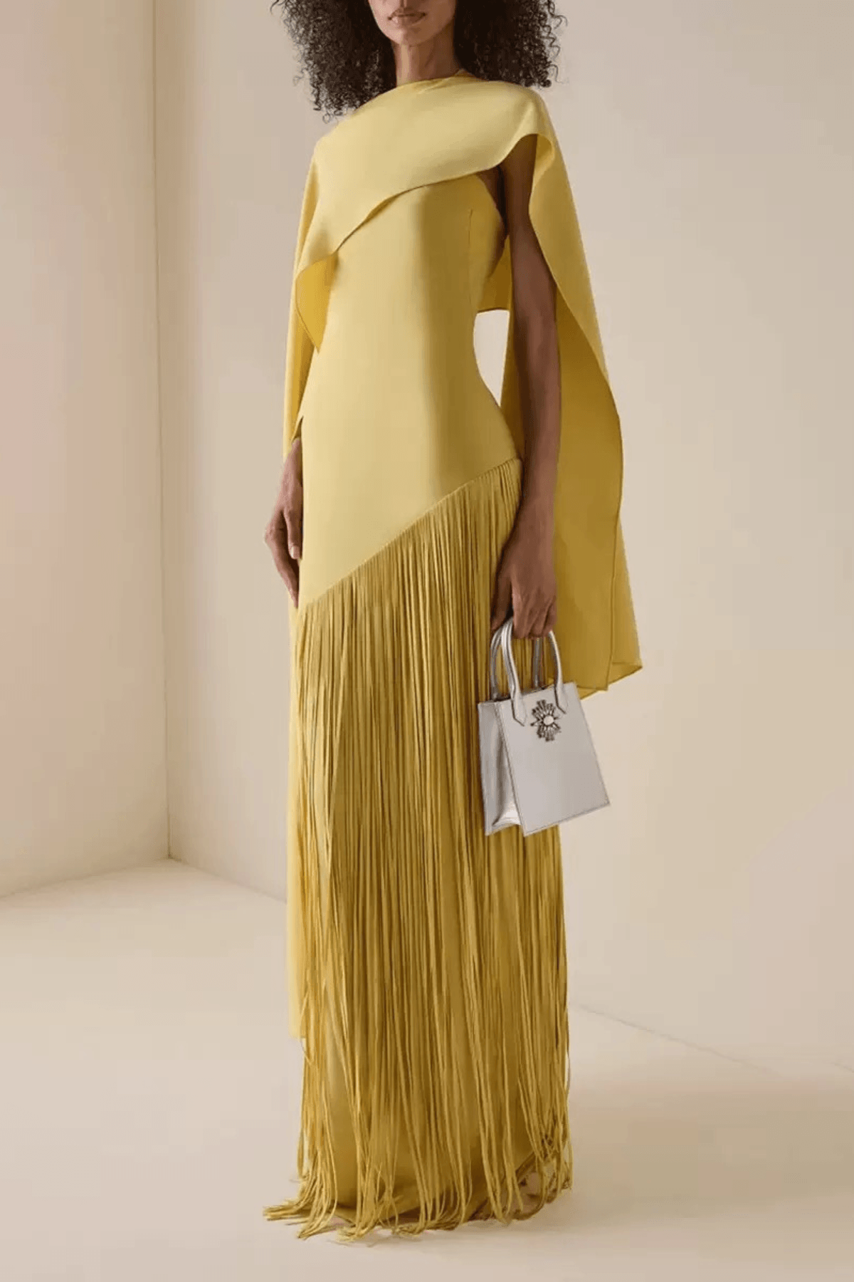Trista Yellow Cape Fringe Maxi Evening Gown Avalabel