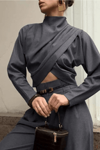 Billie Grey Draped Top Wide Leg Pants Set Avalabel