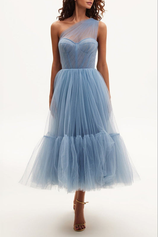 Light Blue One-Shoulder Cocktail Tulle Dress