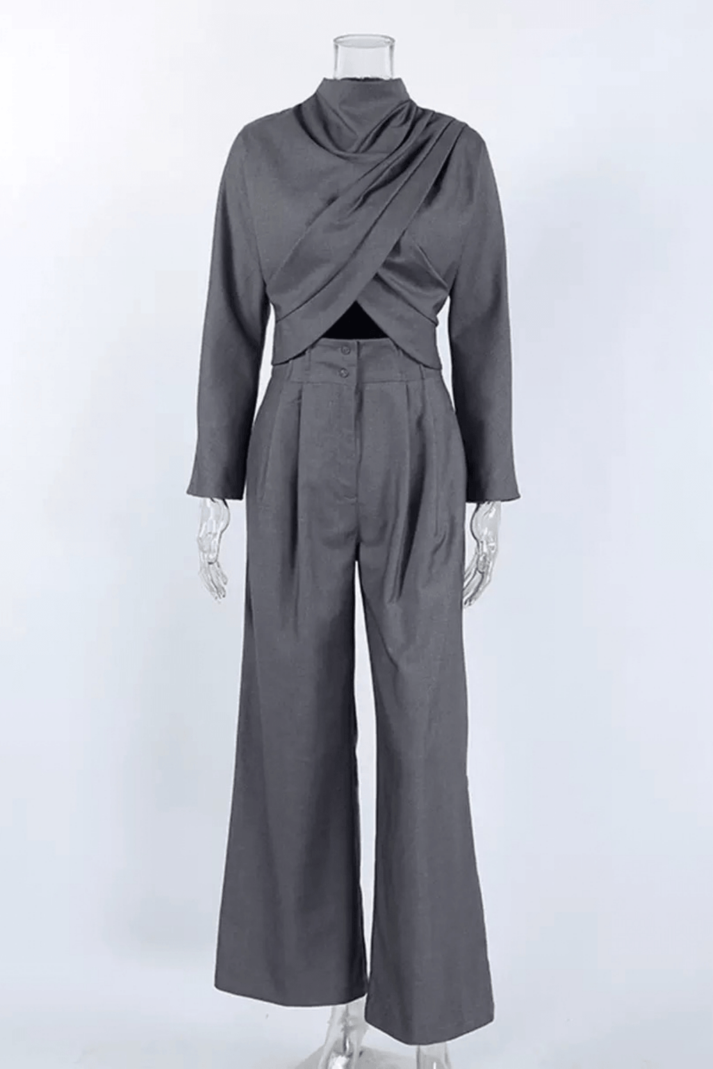 Billie Grey Draped Top Wide Leg Pants Set Avalabel
