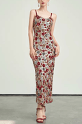 Willa Spaghetti Strap Bodycon Floral Sequin Midi Dress - Avalabel