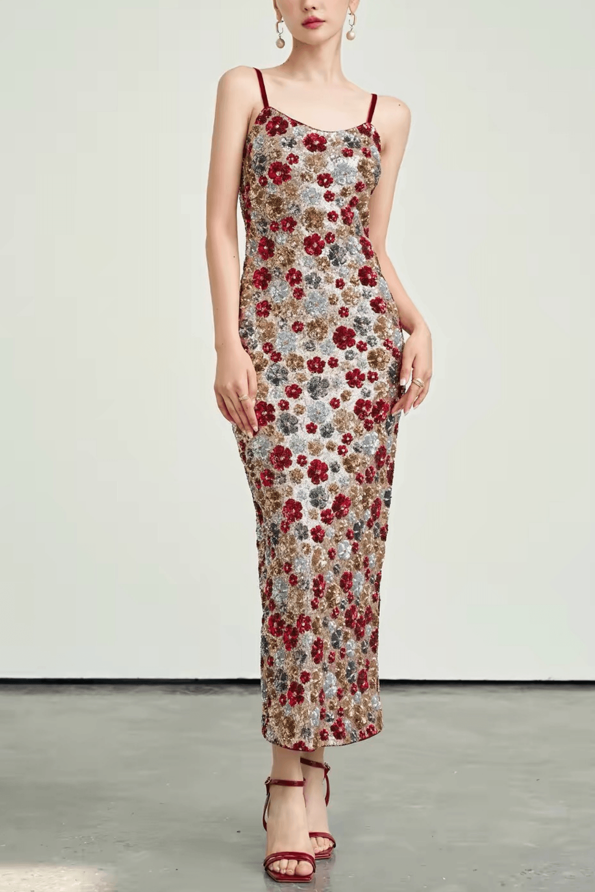 Willa Spaghetti Strap Bodycon Floral Sequin Midi Dress - Avalabel