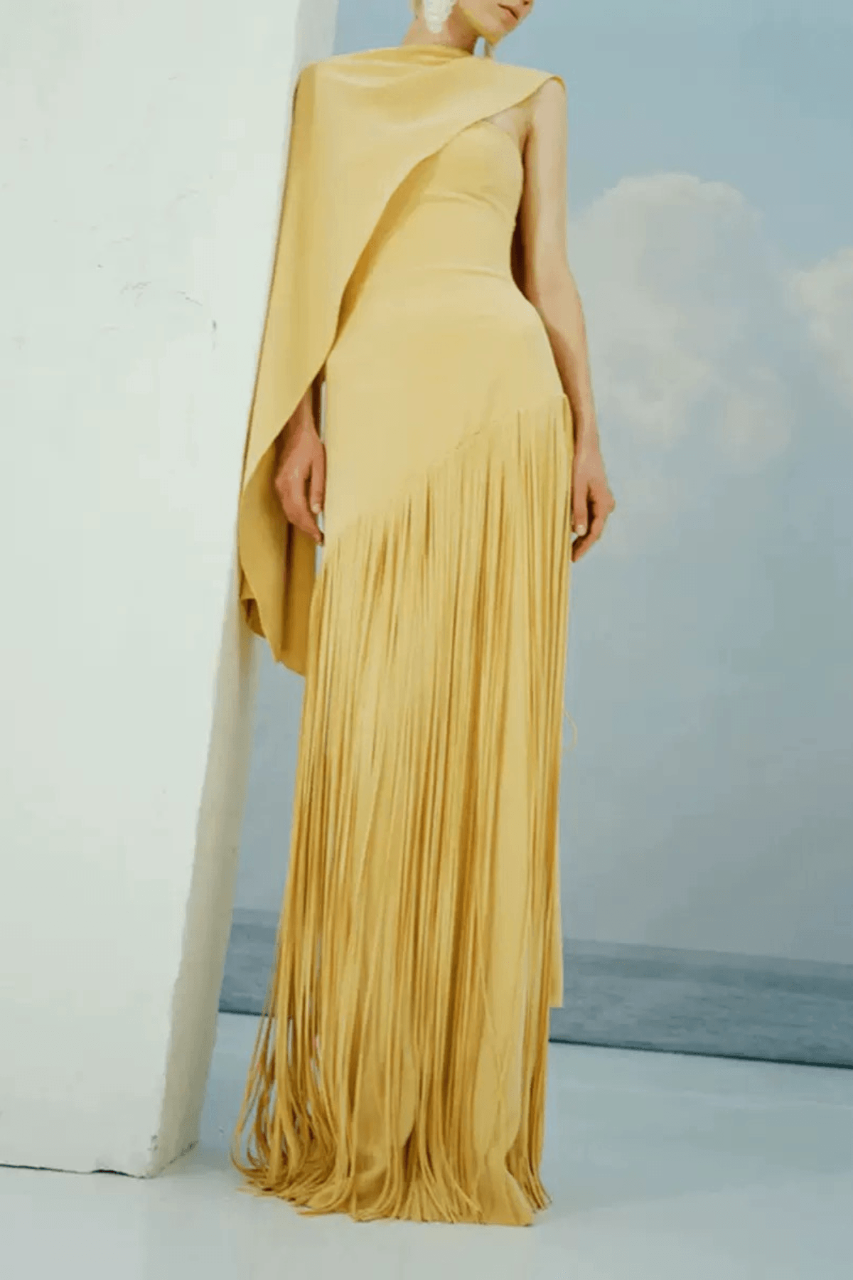Trista Yellow Cape Fringe Maxi Evening Gown Avalabel