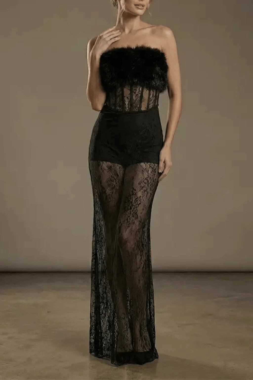 Becky Strapless Furry Corset Lace Max Dress Avalabel