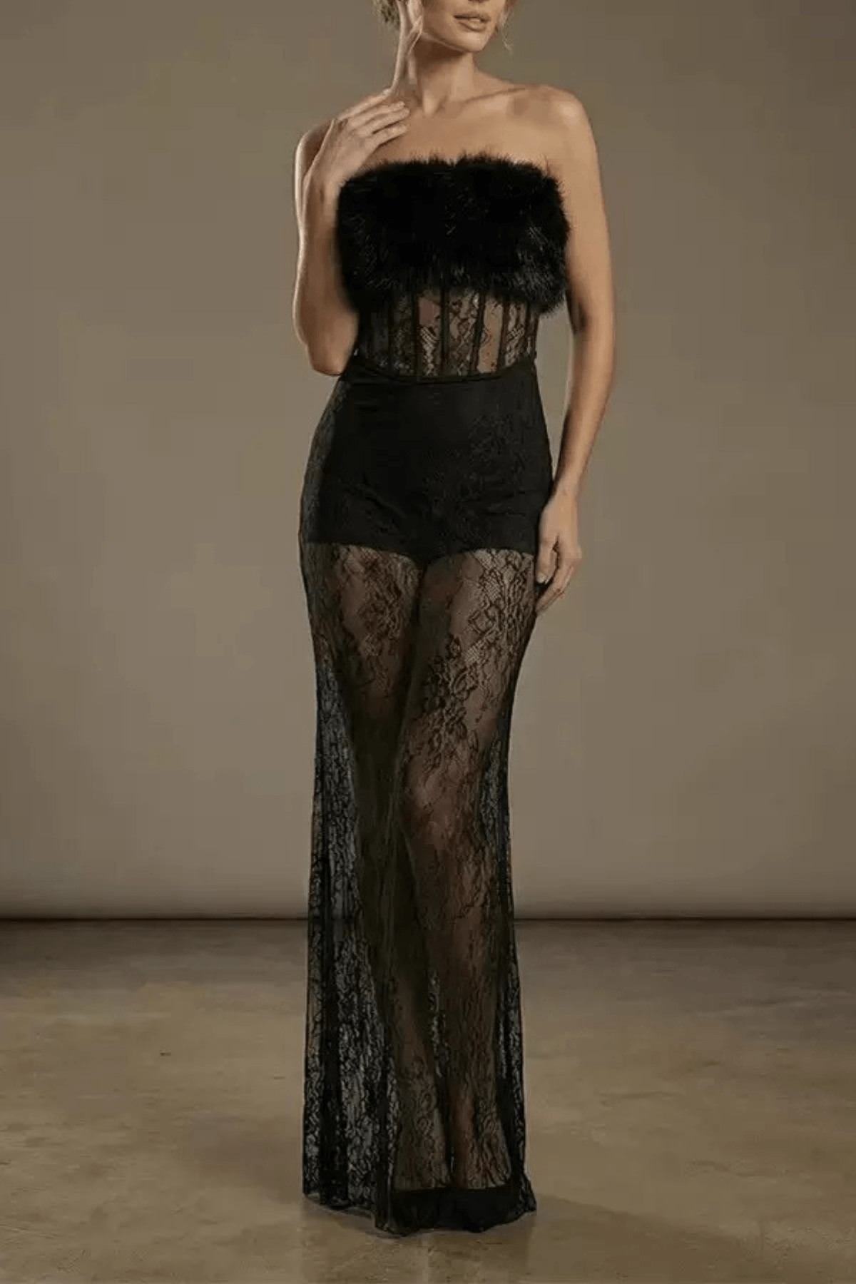 Becky Strapless Furry Corset Lace Max Dress Avalabel