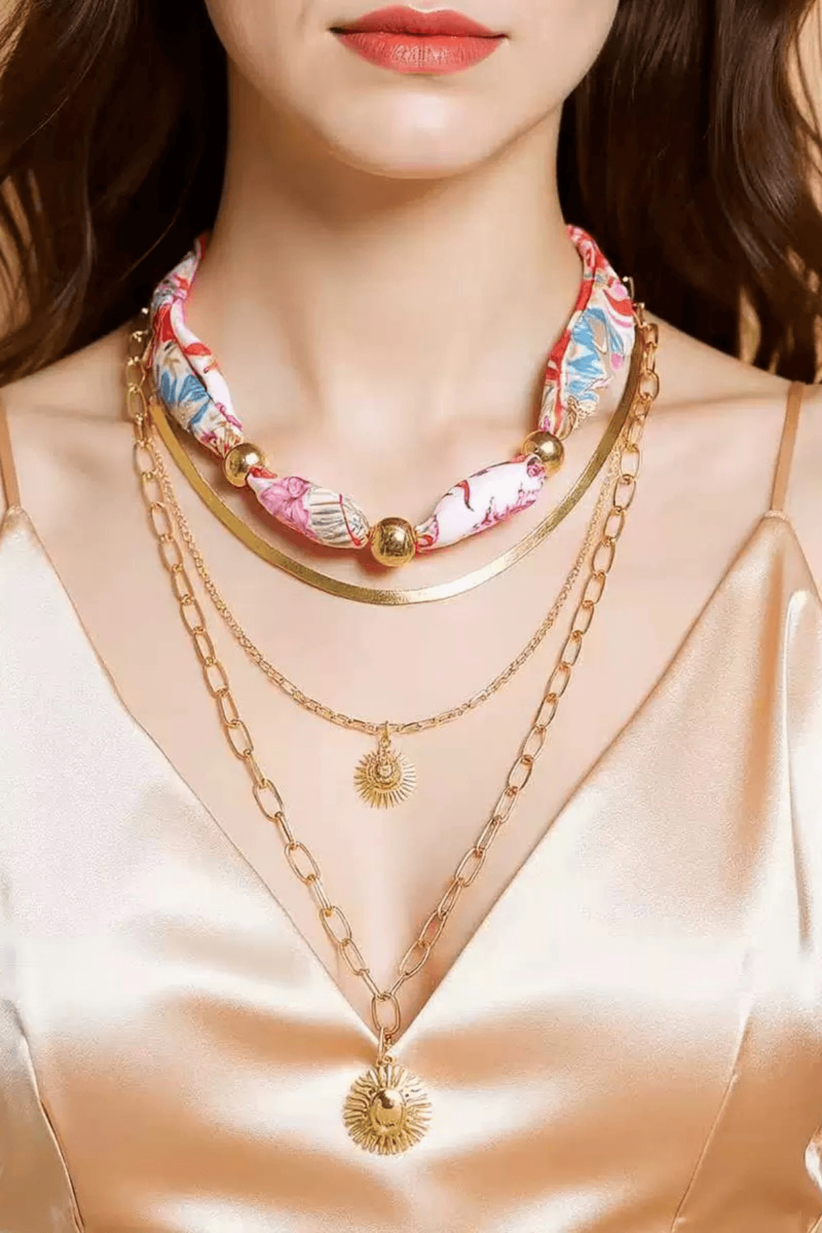 Boho Silk Scarf Sun Pendant Layered Necklace Set Avalabel