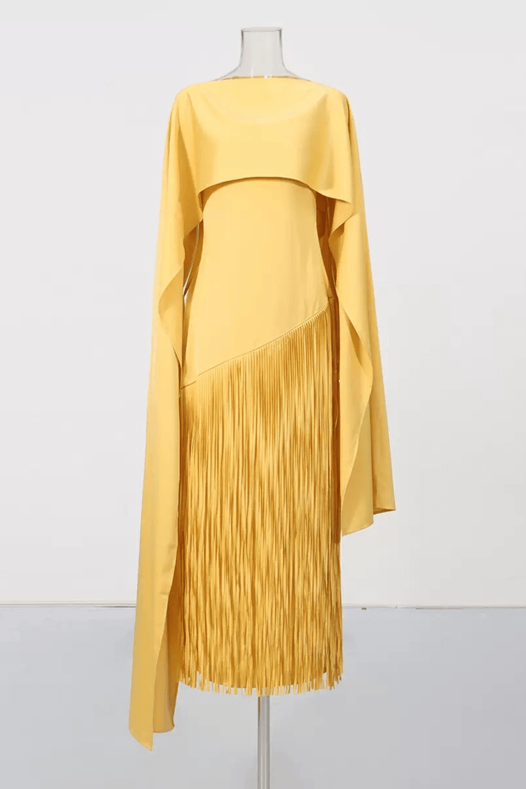 Trista Yellow Cape Fringe Maxi Evening Gown Avalabel