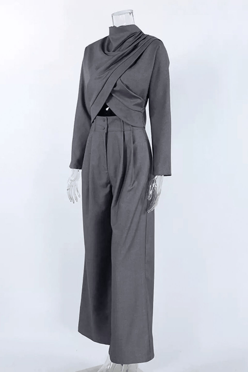 Billie Grey Draped Top Wide Leg Pants Set Avalabel