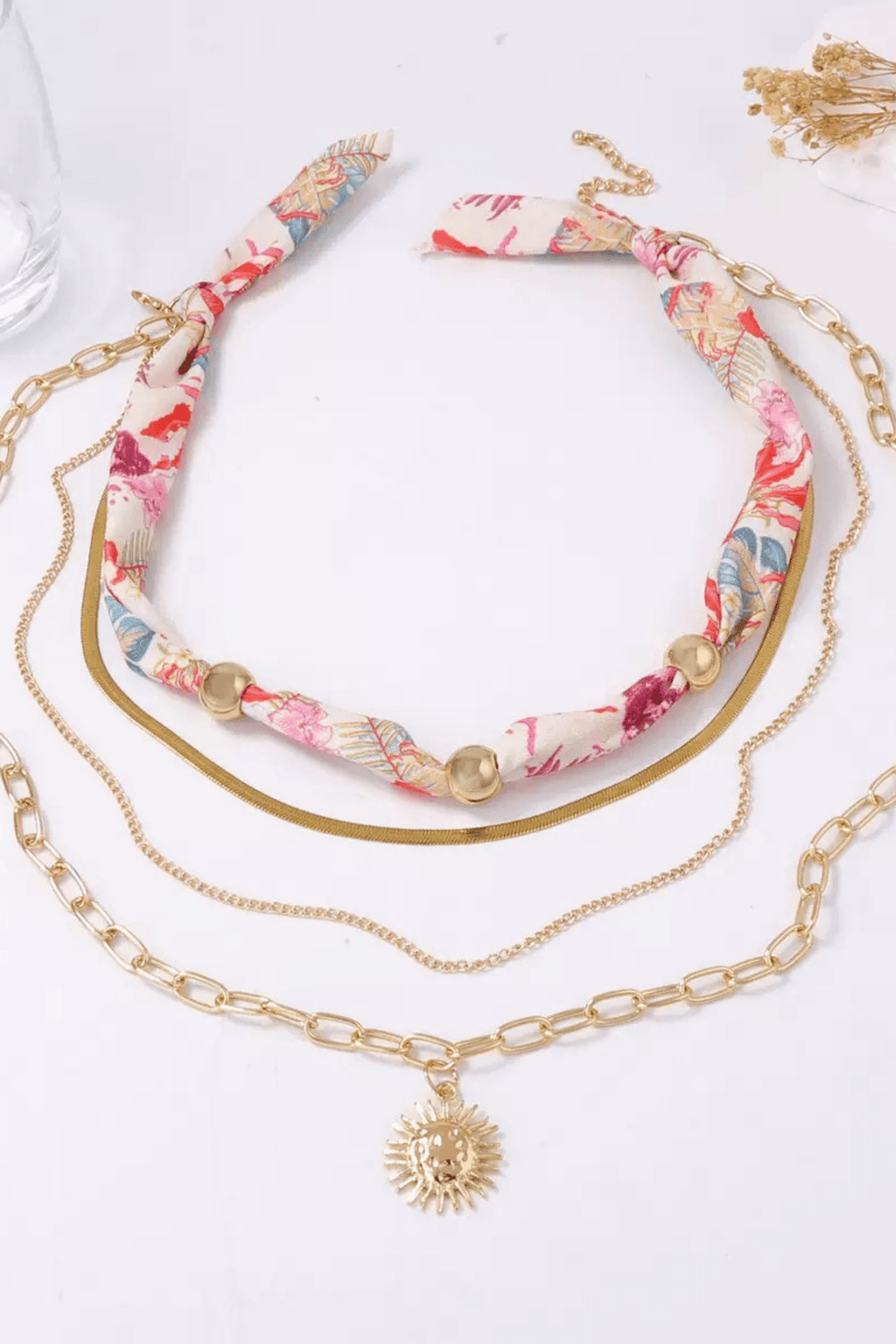 Boho Silk Scarf Sun Pendant Layered Necklace Set Avalabel