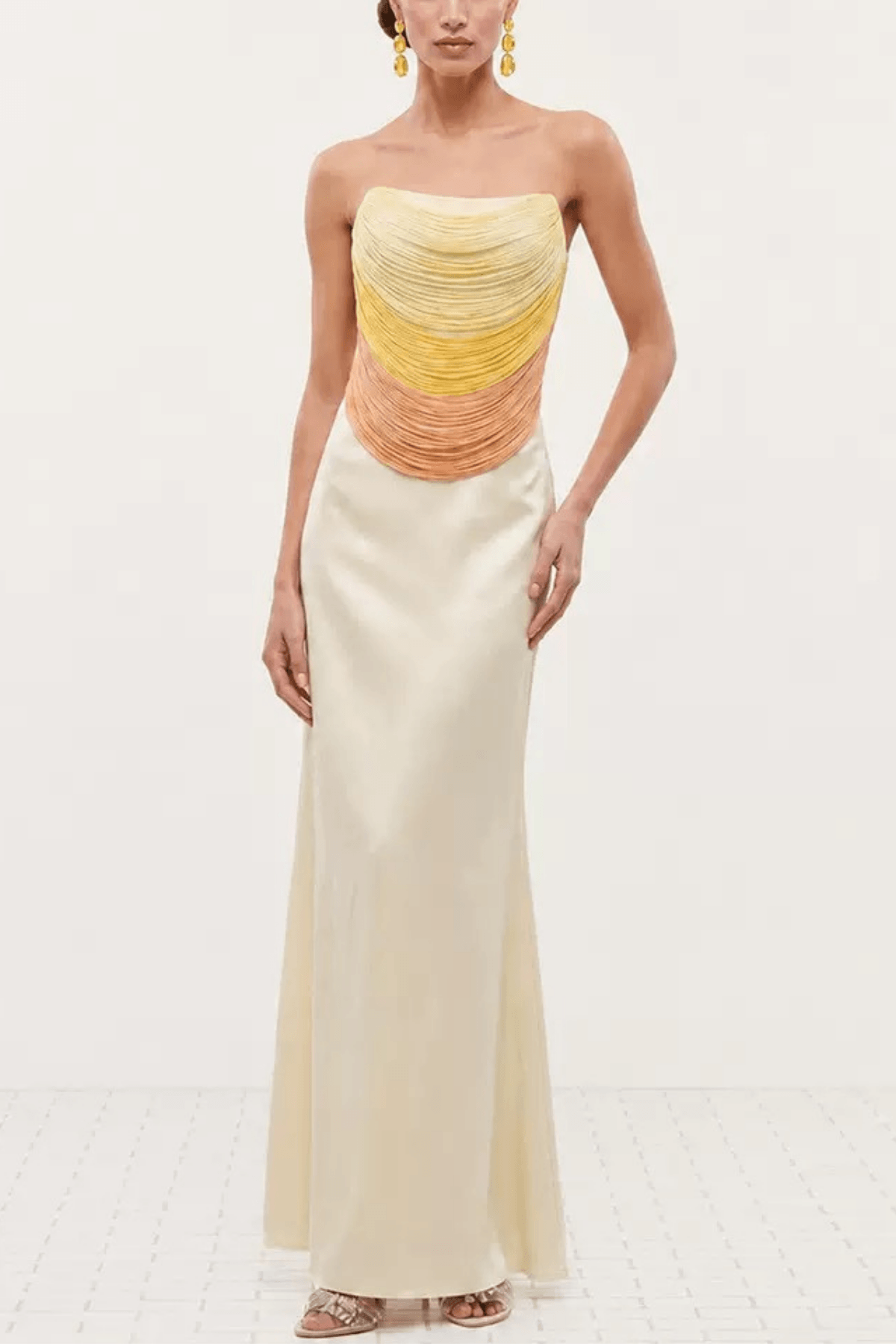 Pamela Ivory Strapless Ruched Draped Maxi Dress Avalabel