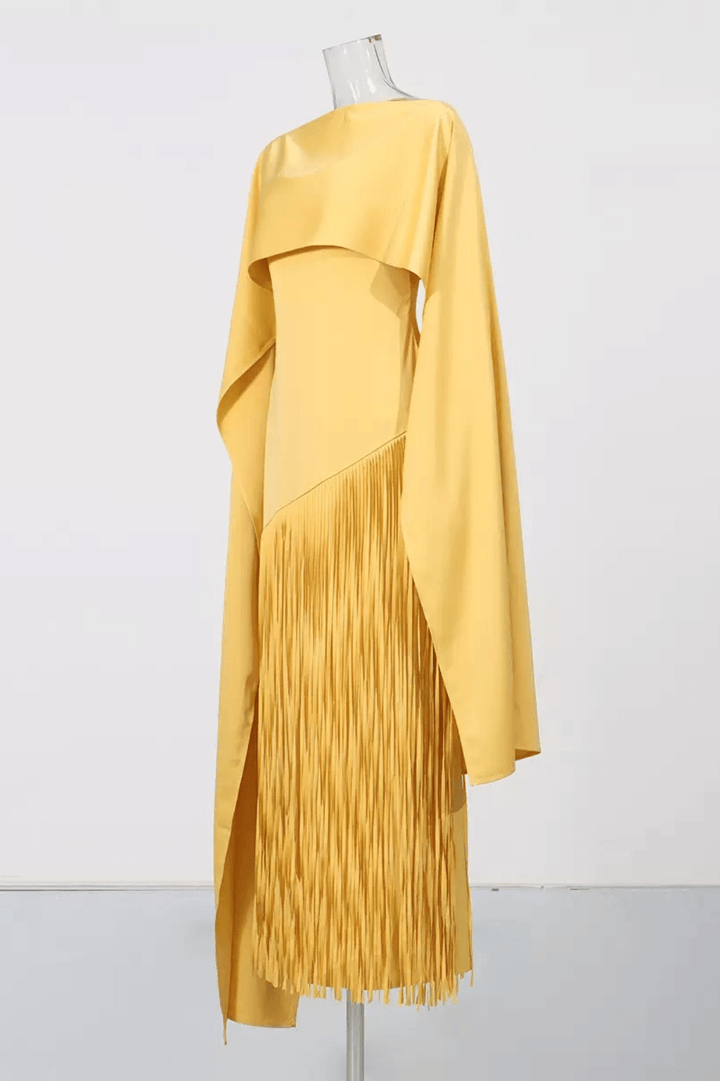 Trista Yellow Cape Fringe Maxi Evening Gown Avalabel
