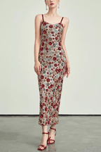 Willa Spaghetti Strap Bodycon Floral Sequin Midi Dress - Avalabel