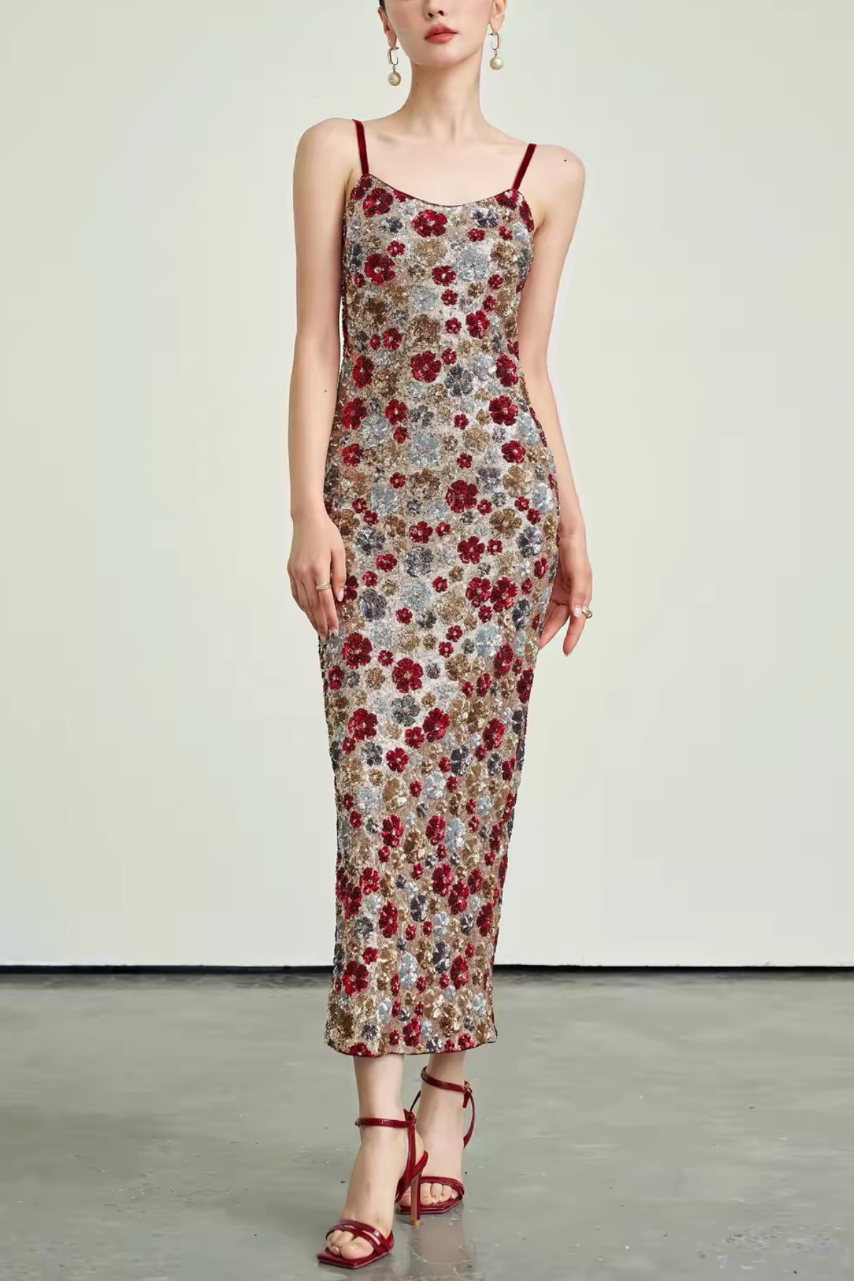 Willa Spaghetti Strap Floral Sequin Bodycon Midi Dress
