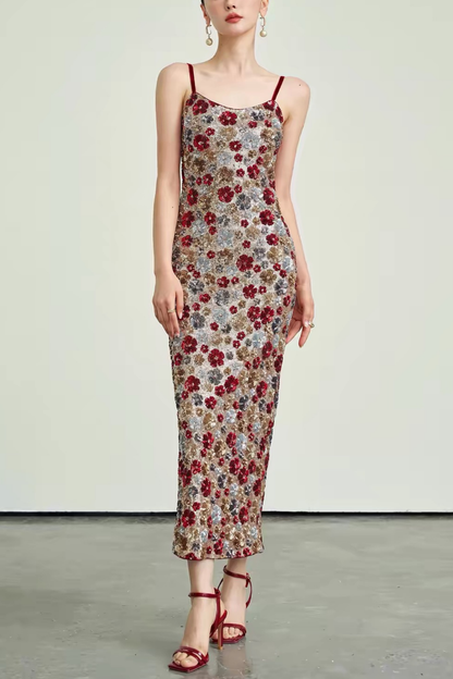 Willa Spaghetti Strap Floral Sequin Bodycon Midi Dress