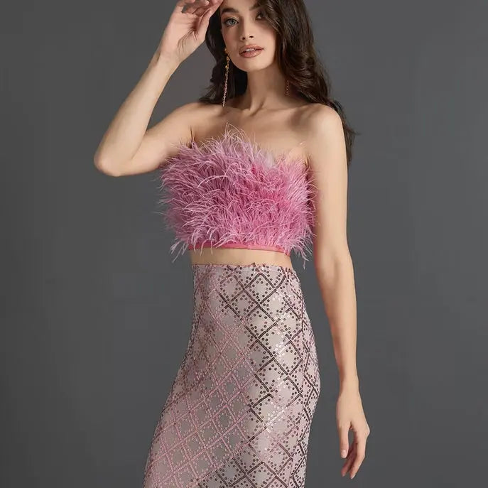 audrey pink feather top sequin Midi Skirt set Avalabel