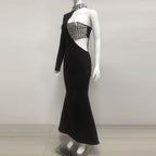 Crystal Embellished One-Sleeve Cut-Out Maxi Dress in black Avalabel