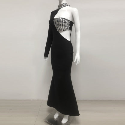 Crystal Embellished One-Sleeve Cut-Out Maxi Dress in black