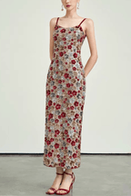 Willa Spaghetti Strap Bodycon Floral Sequin Midi Dress - Avalabel