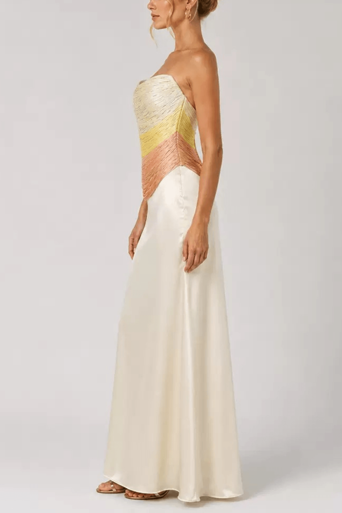 Pamela Ivory Strapless Ruched Draped Maxi Dress Avalabel