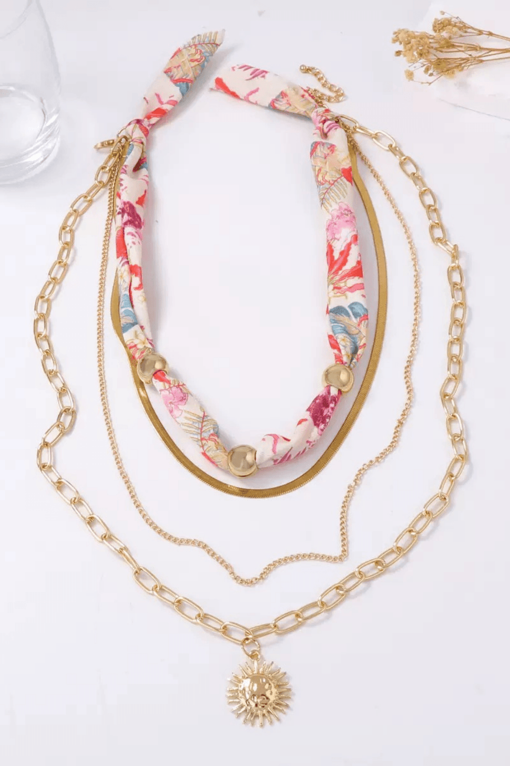 Boho Silk Scarf Sun Pendant Layered Necklace Set Avalabel