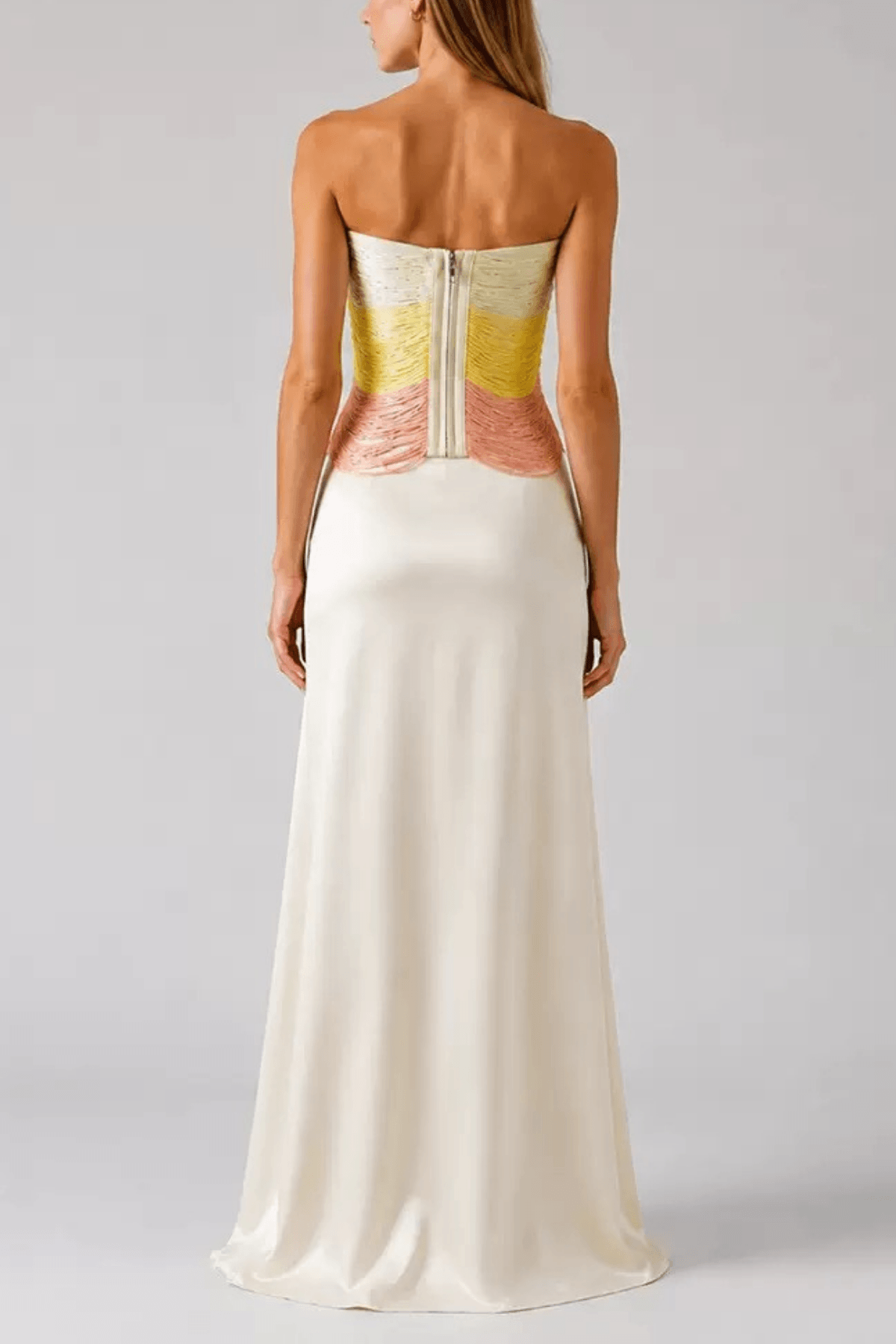 Pamela Ivory Strapless Ruched Draped Maxi Dress Avalabel