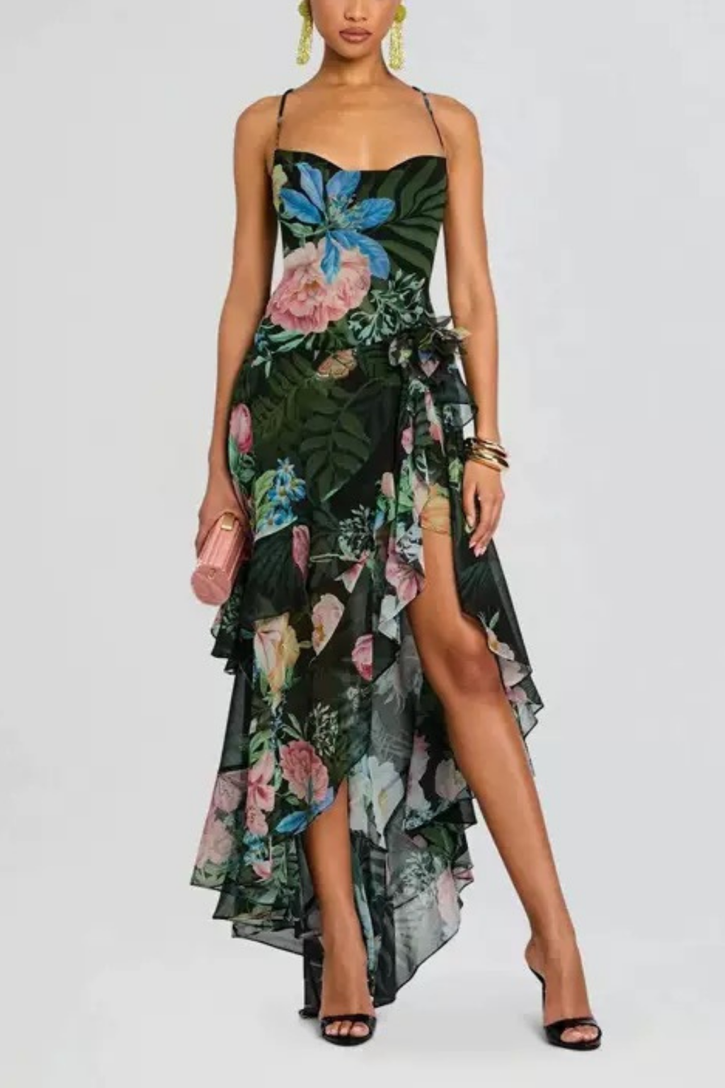 Nola Green Floral Spaghetti Strap Ruffle Slit  Dress Avalabel
