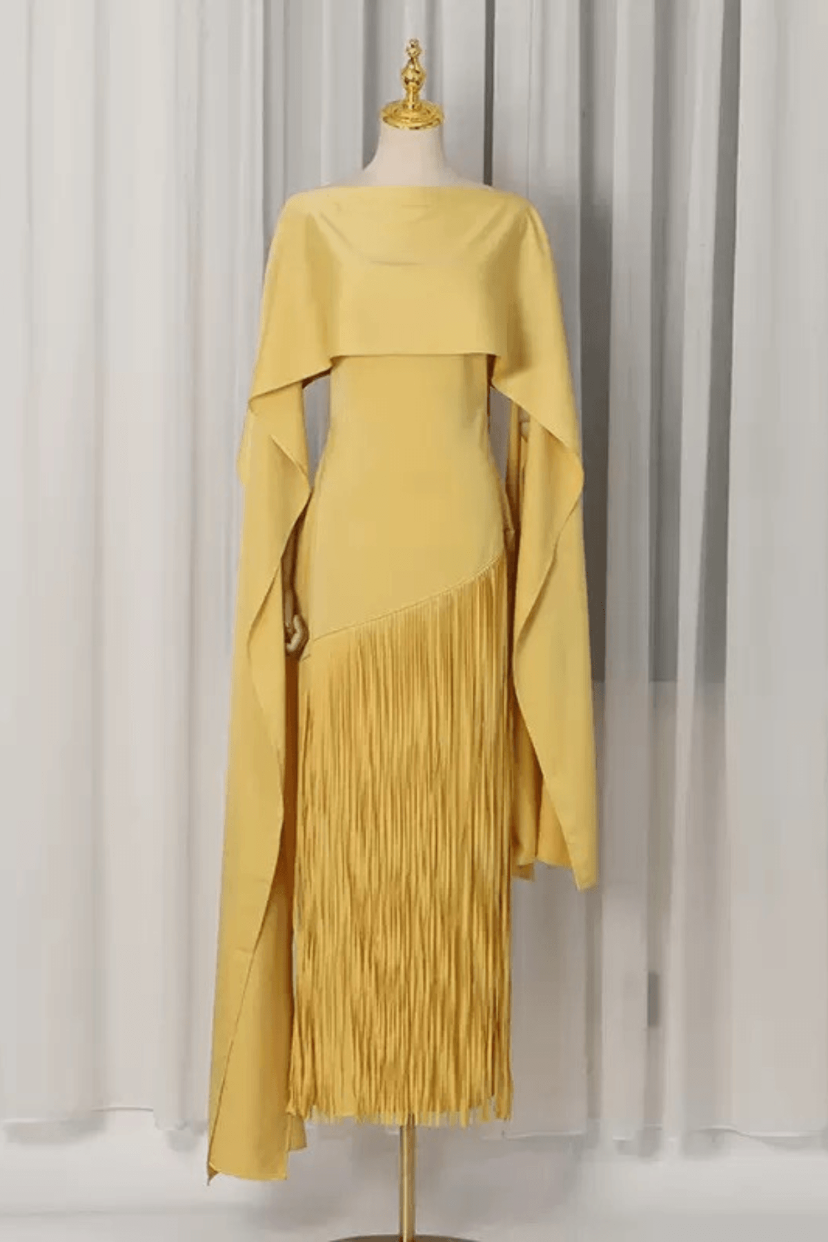Trista Yellow Cape Fringe Maxi Evening Gown Avalabel