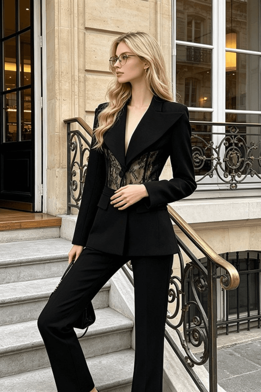 Black Lace Corset Panel Tailored Blazer Avalabel