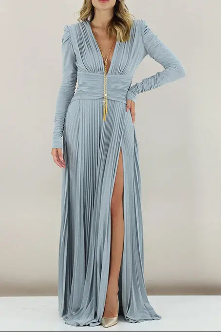 meroy Deep V puff sleeve pleated maxi dress in pale blue Avalabel