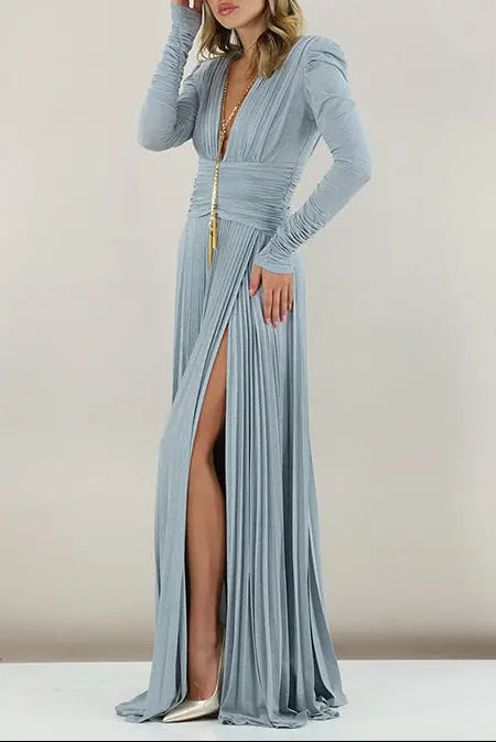 meroy Deep V puff sleeve pleated maxi dress in pale blue Avalabel